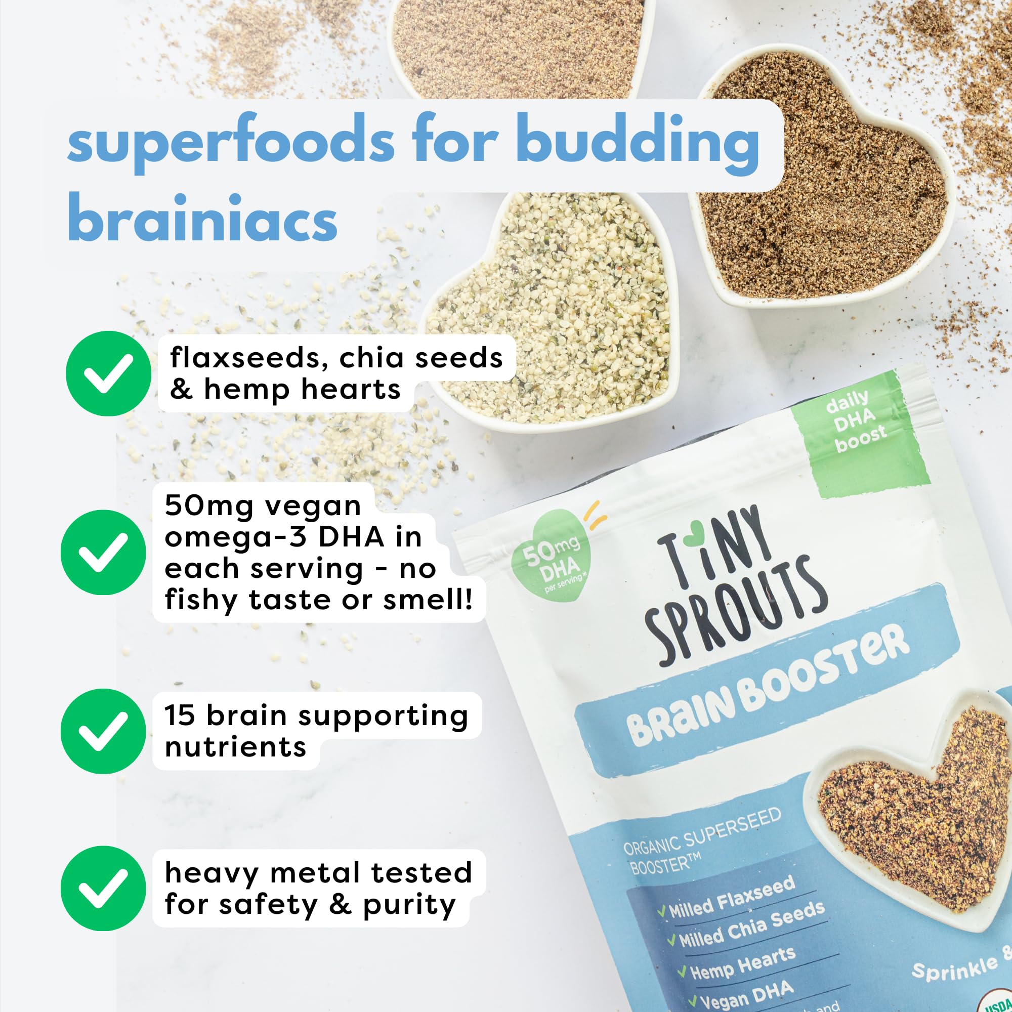 Tiny Sprouts product label close-up showing organic, vegan, and third-party tested claims
