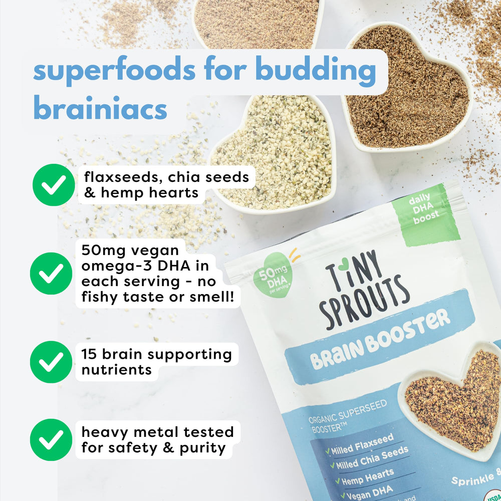 Tiny Sprouts product label close-up showing organic, vegan, and third-party tested claims