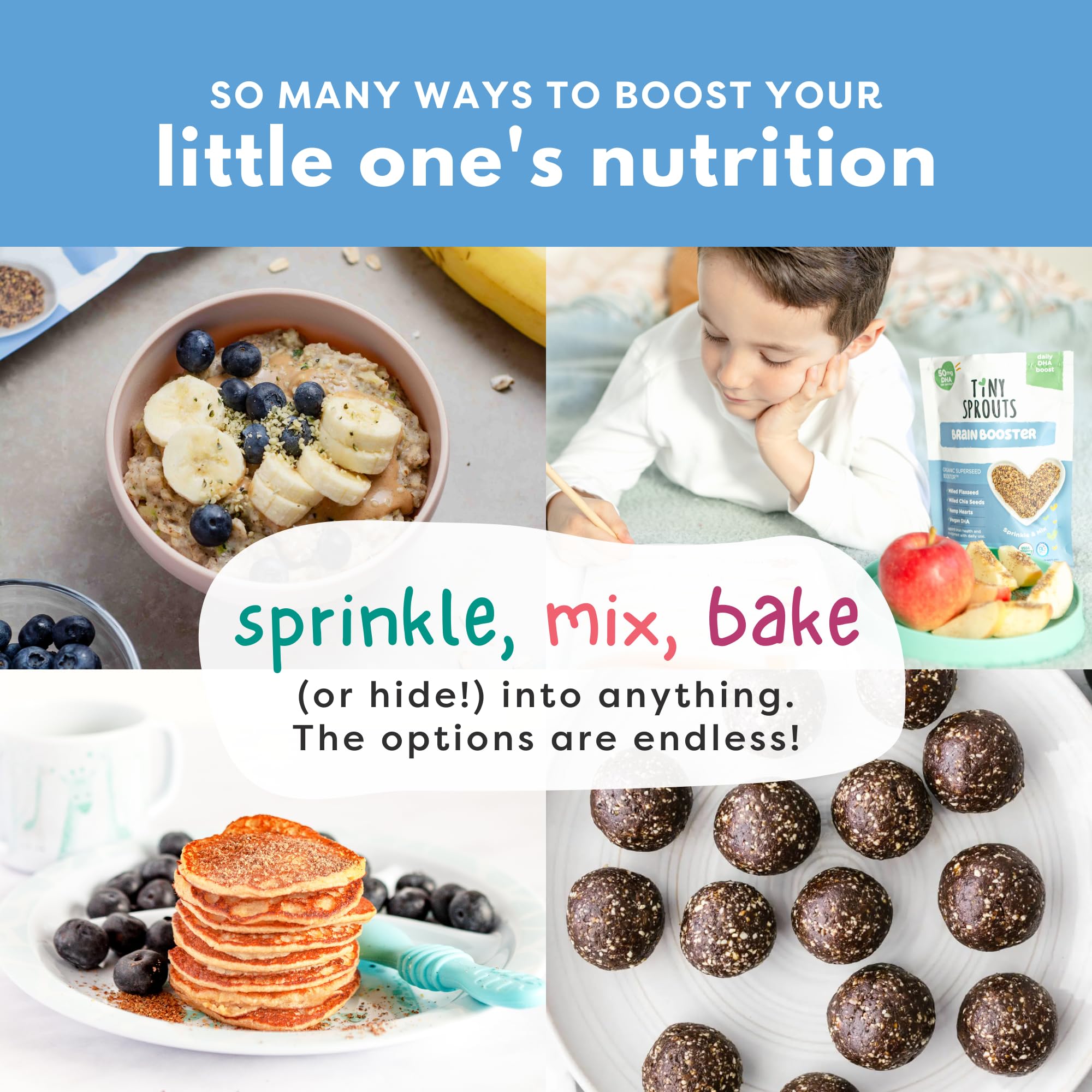 Tiny Sprouts jars on a breakfast table illustrating effortless addition to family meals