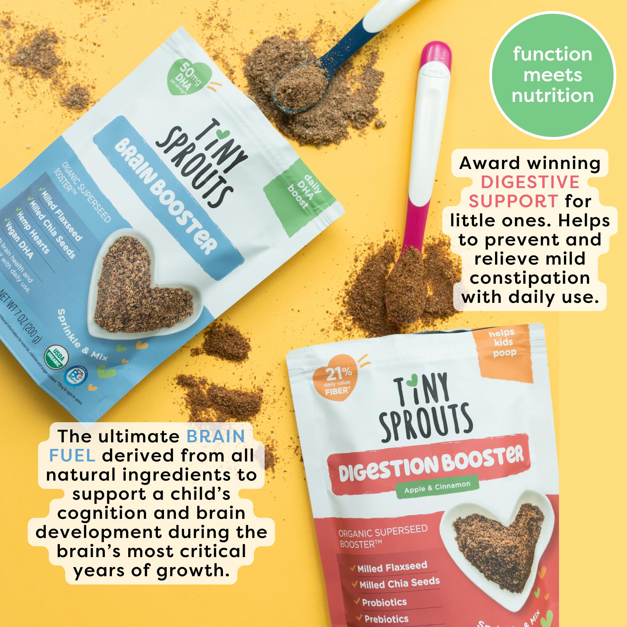 Tiny Sprouts Brain Booster open jar showing milled seeds and omega-rich texture for focus