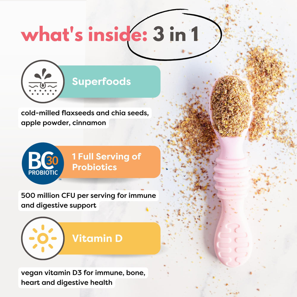 Tiny Sprouts powder being poured into yogurt for added fiber and probiotics
