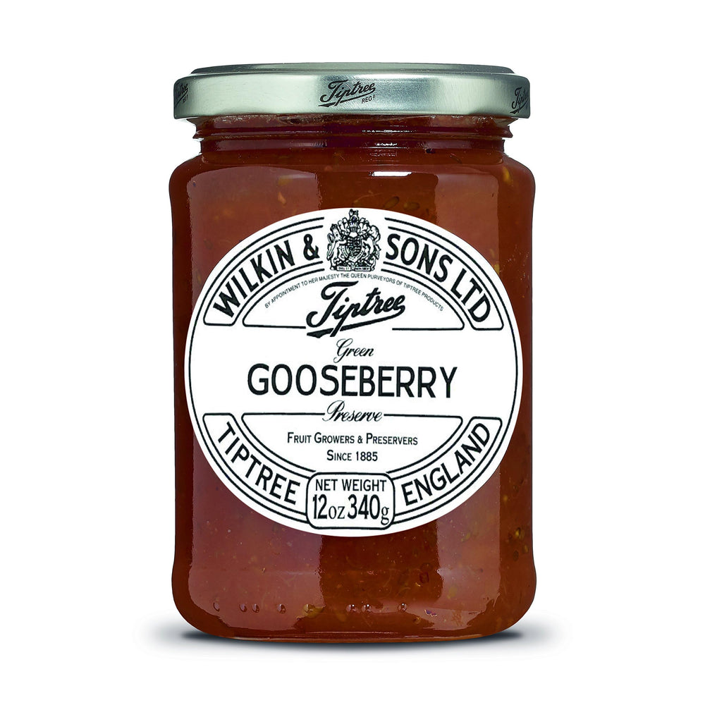 Tiptree green gooseberry jar front view showing label and 12 oz size for dependable flavor
