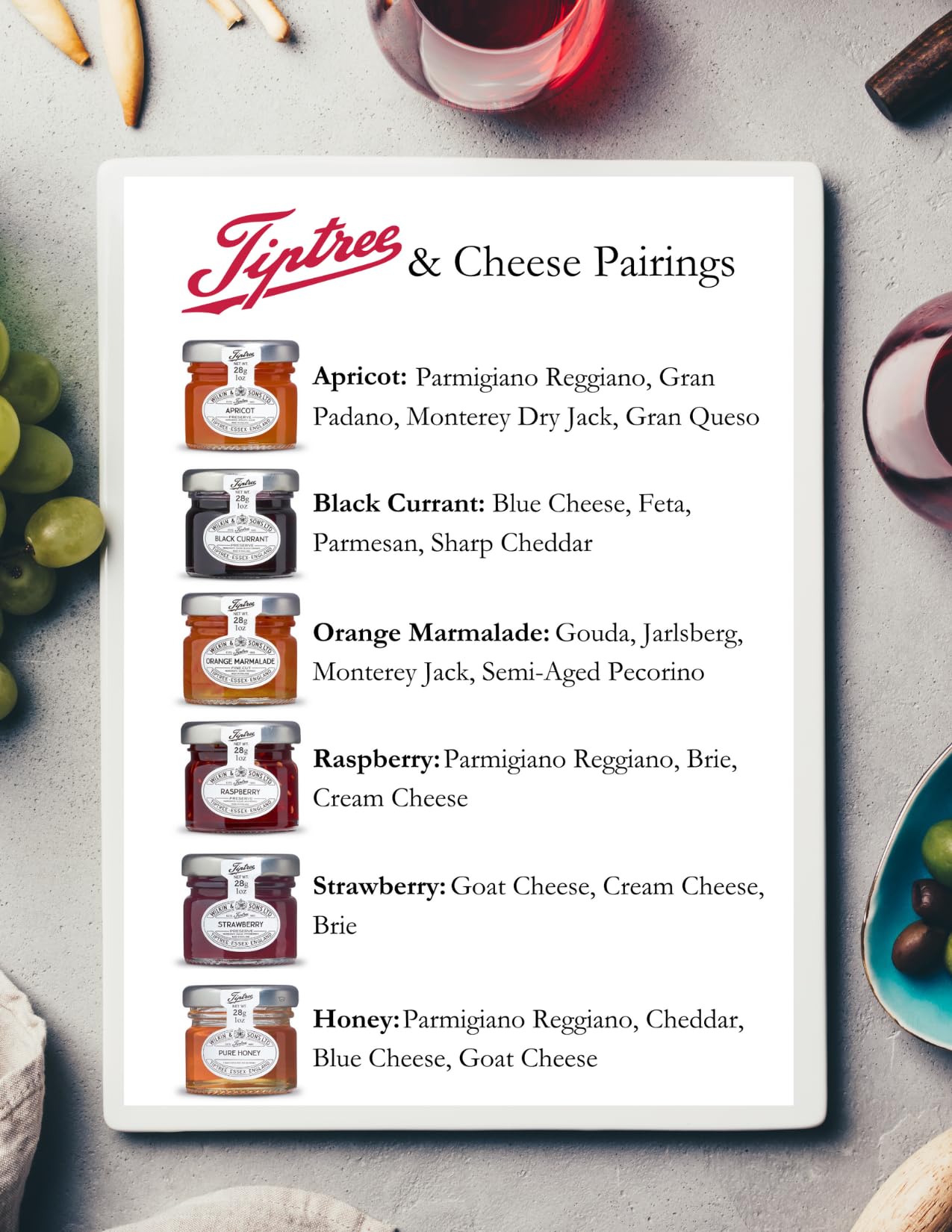 Tiptree jar on a breakfast table with toast and cheese, suggests serving inspiration