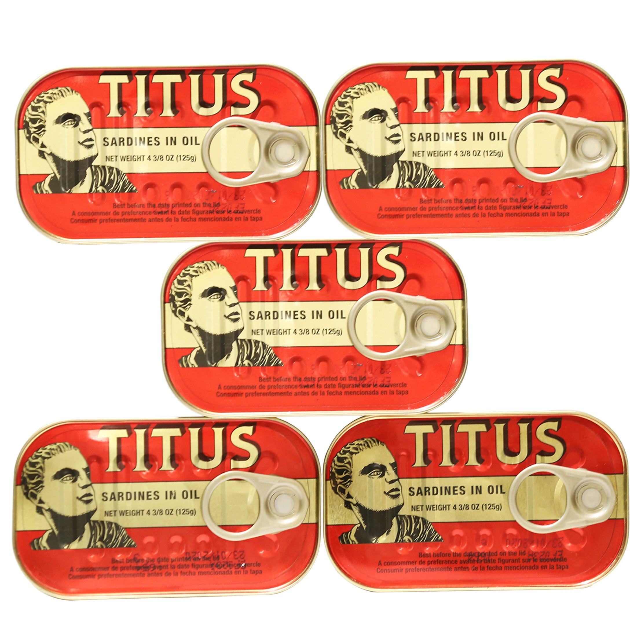 Titus front packaging showing five 125g sardine tins for pantry convenience