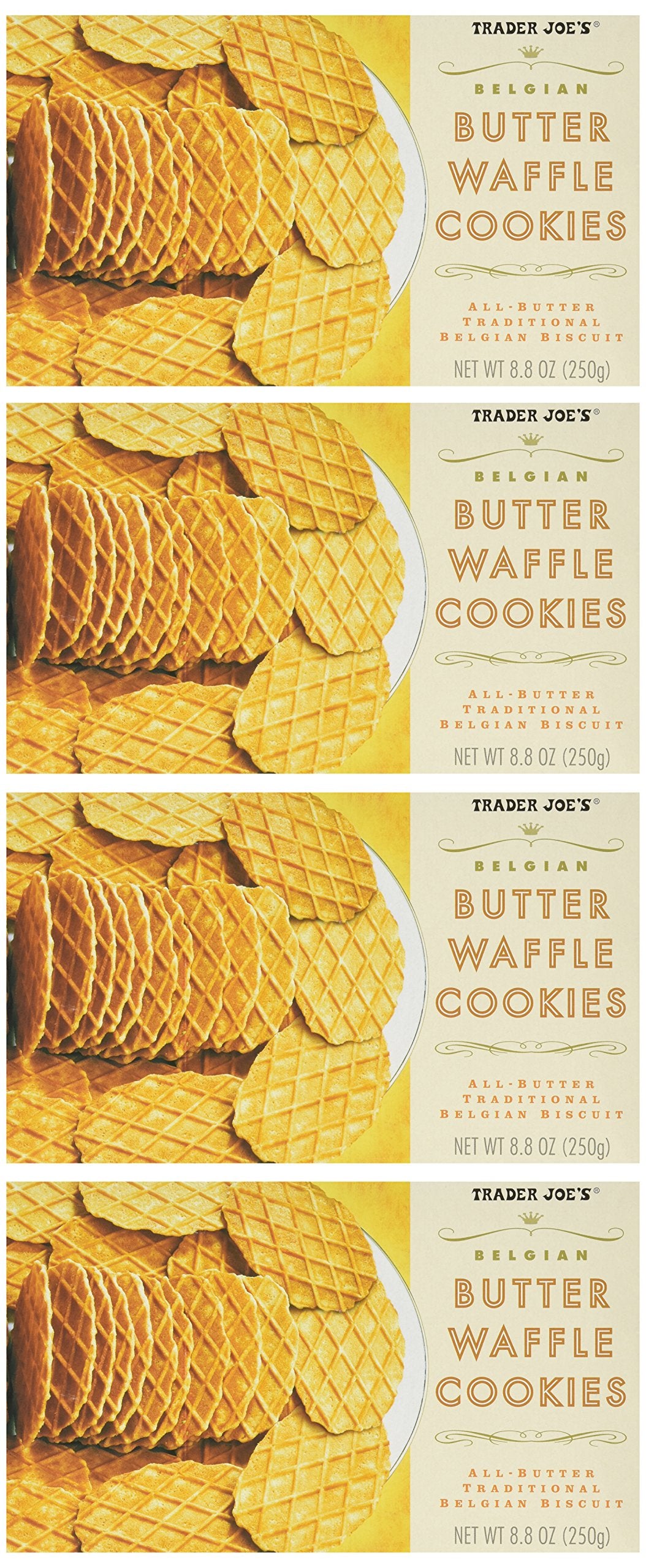 TJ's box front packaging showing waffles and buttery cookies, ideal for snacking