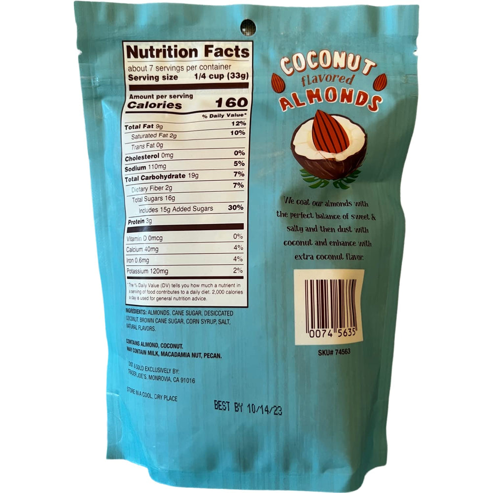 TJ's close-up of coconut-coated almond texture highlighting toasted crunch