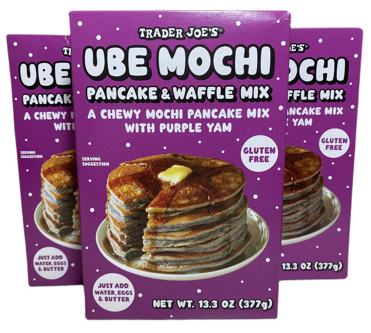 TJ's front packaging of ube mochi pancake mix showing vibrant purple box for eye-catching breakfasts