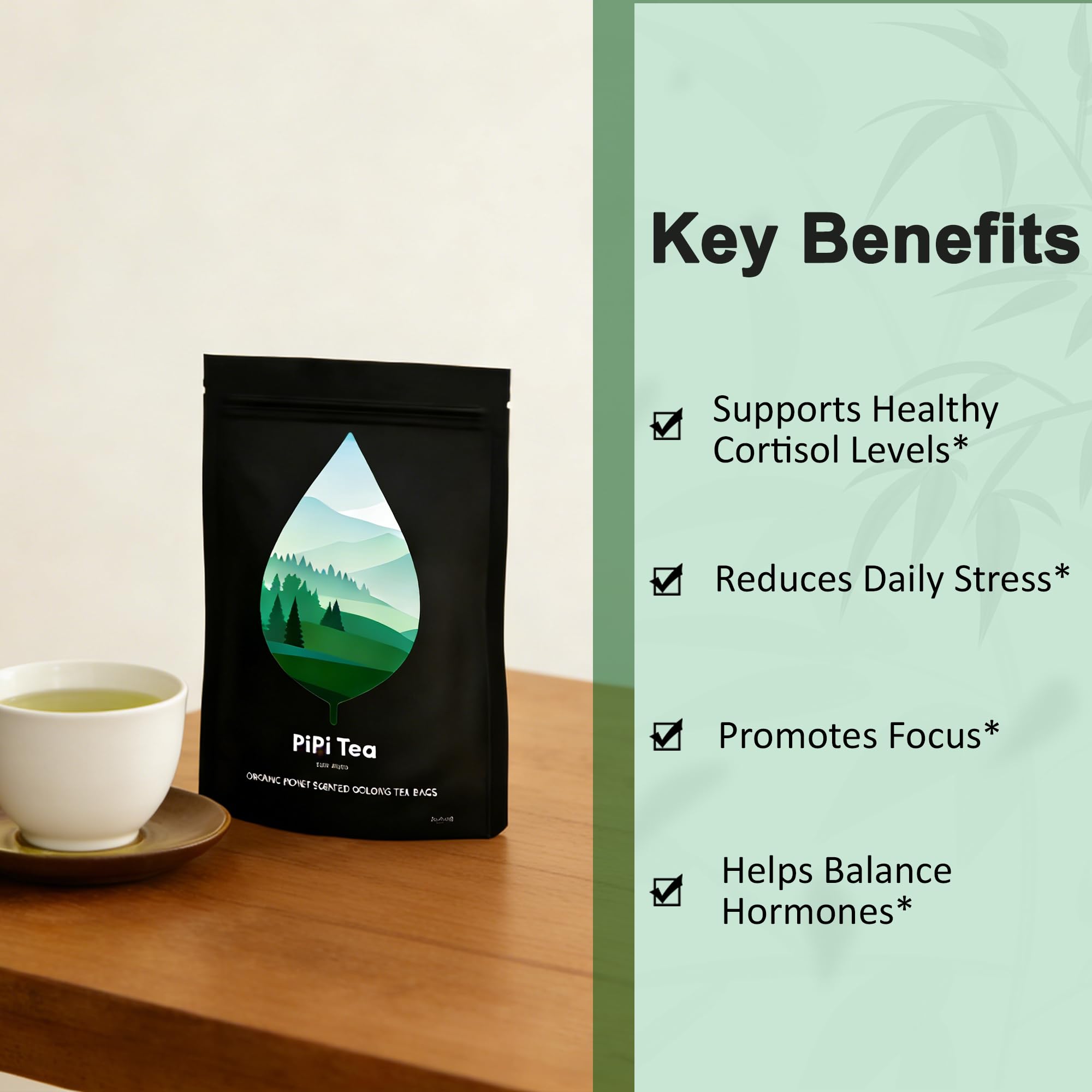 TMKTMK Pipi Tea beside mug for scale showing compact pack convenience