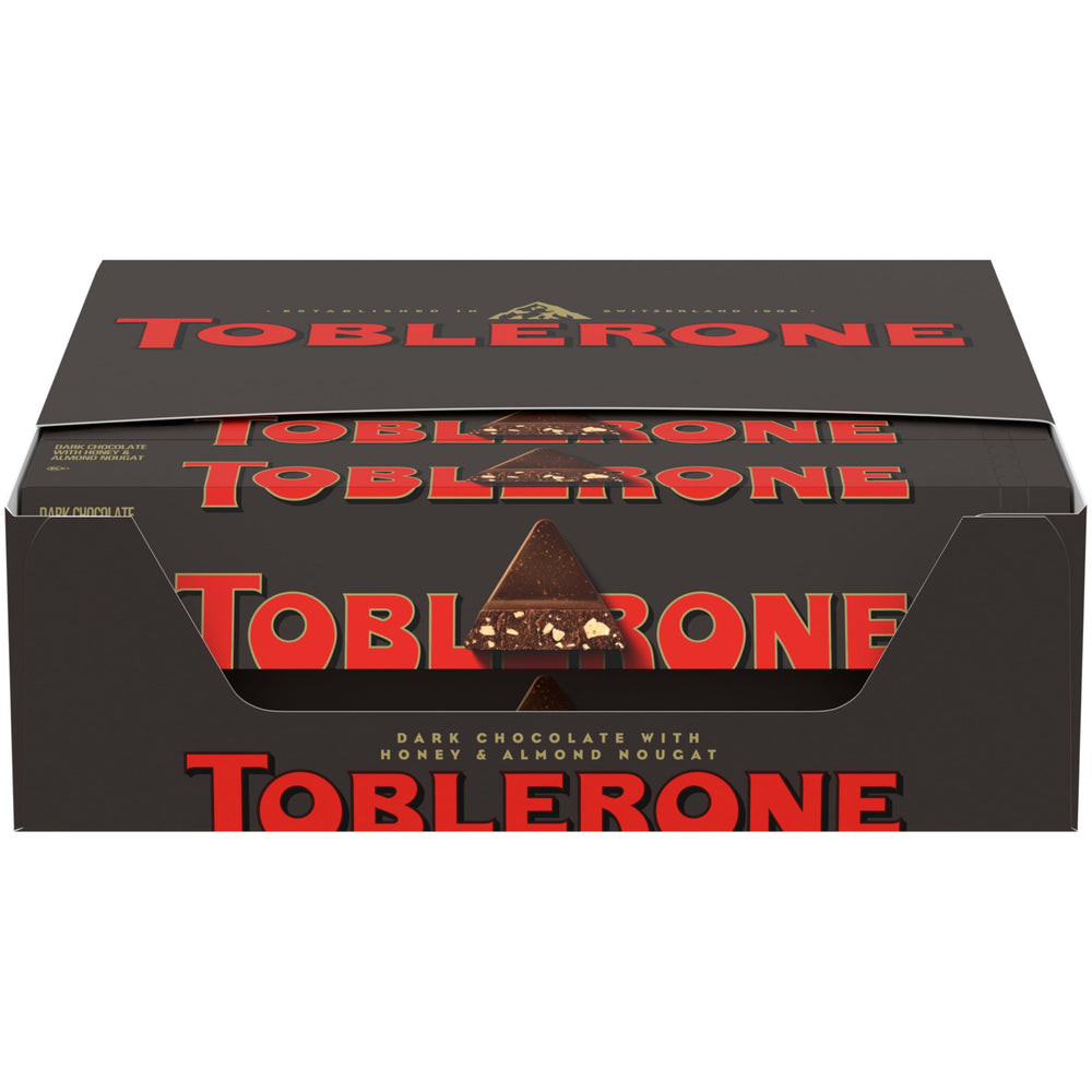 Toblerone dark front packaging showing brand and single-bar benefit