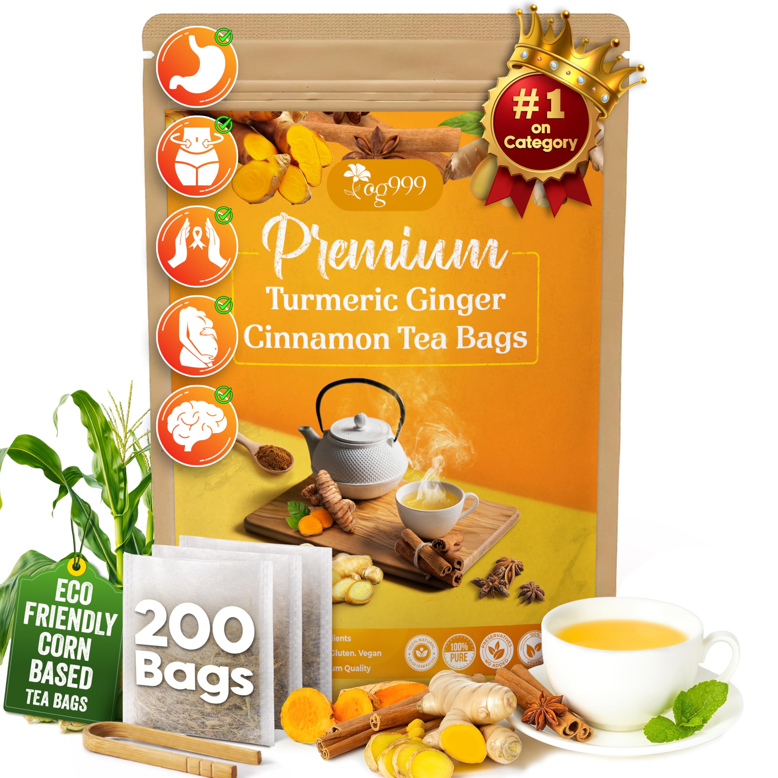 TOG999 front packaging showing 200 tea bags and product benefits