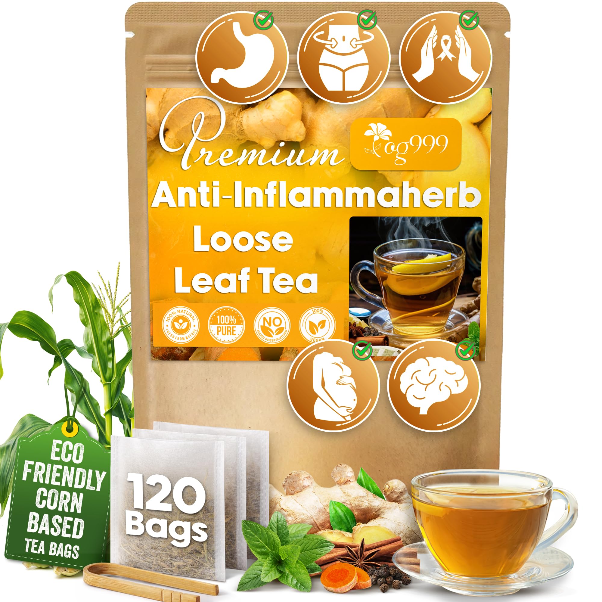TOG999 front packaging showing 120 tea bags and kraft pouch, highlights freshness