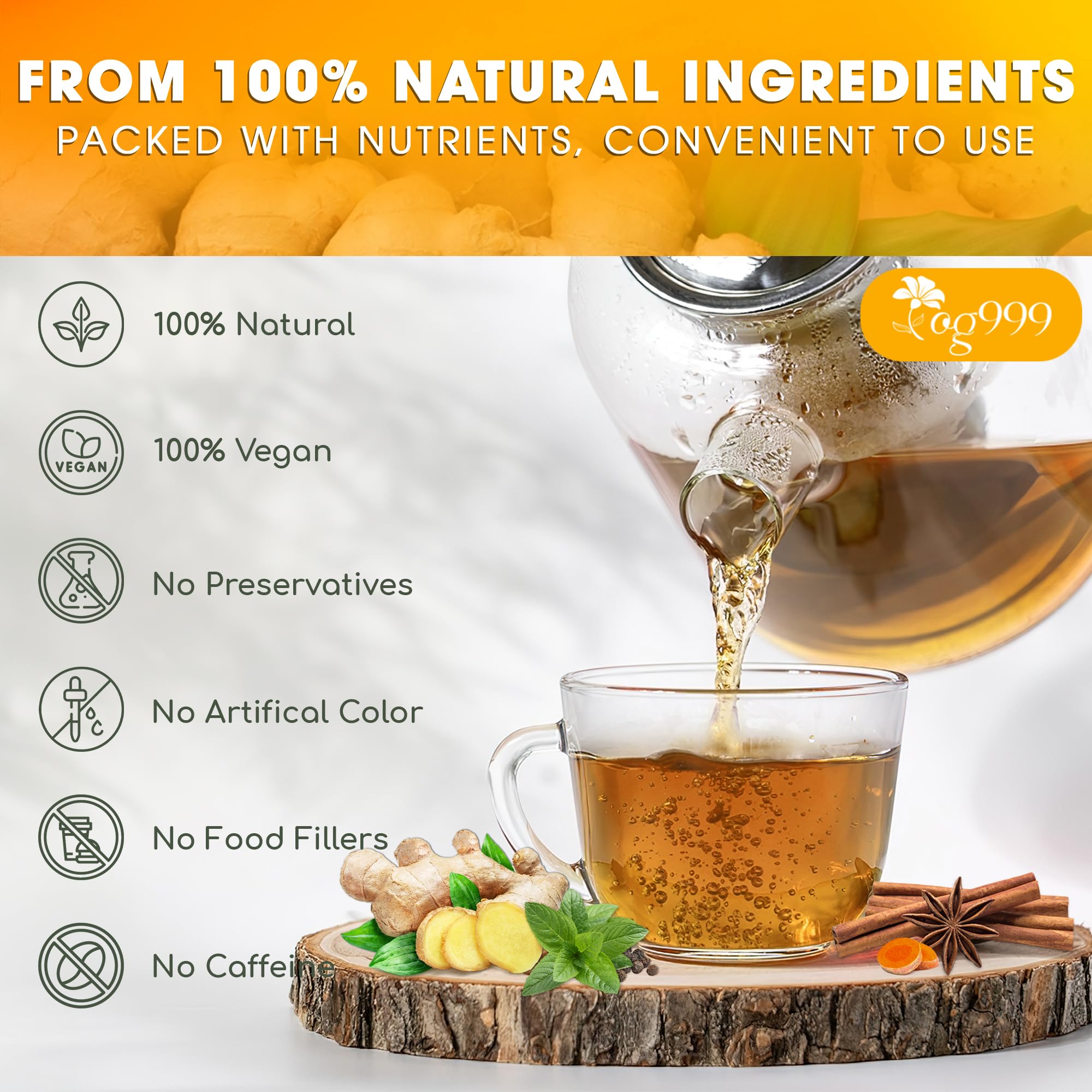 TOG999 loose ingredients spread of ginger turmeric peppermint cinnamon and black pepper, shows quality mix