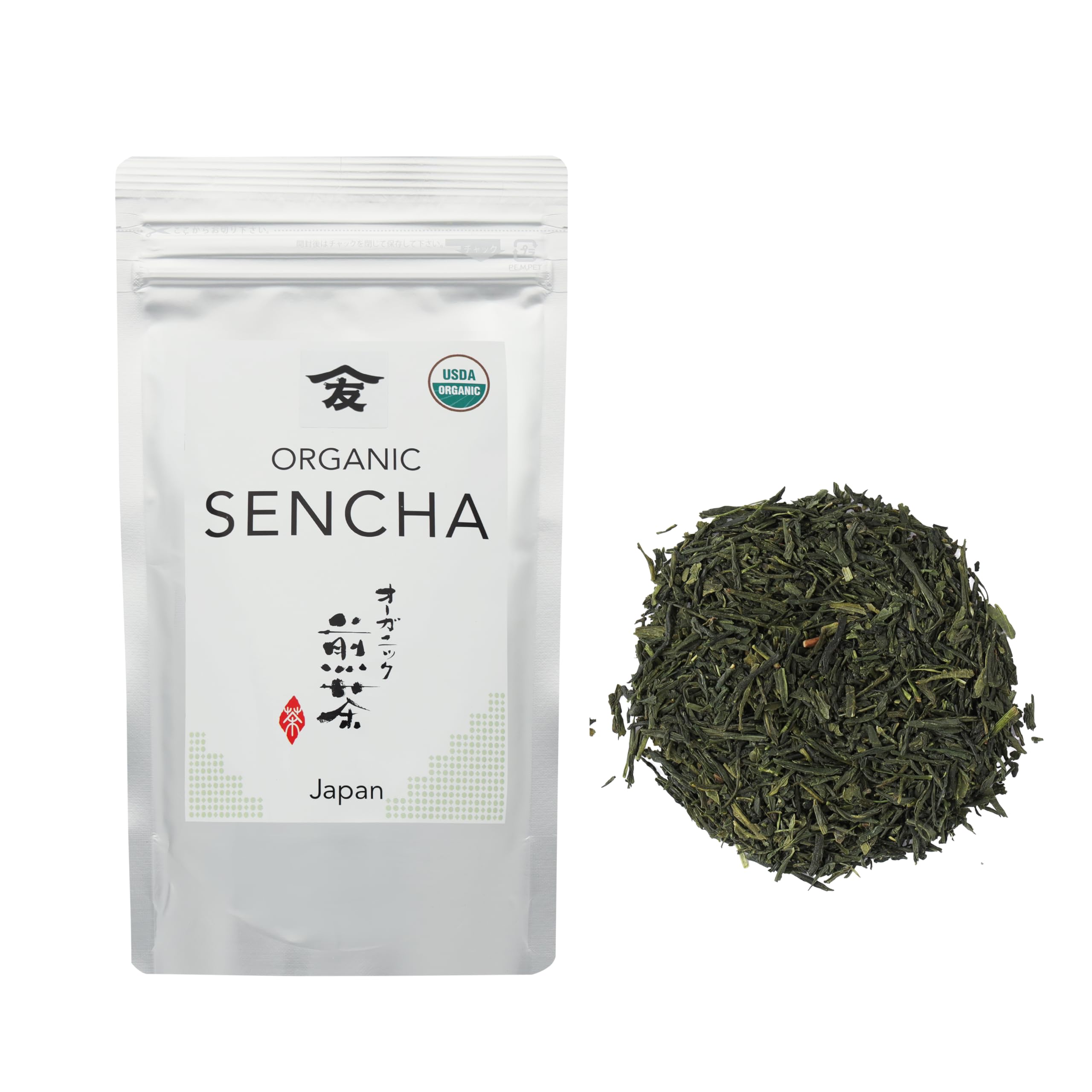 TOMOSAN front packaging of 100g organic sencha showing brand and pouch benefit