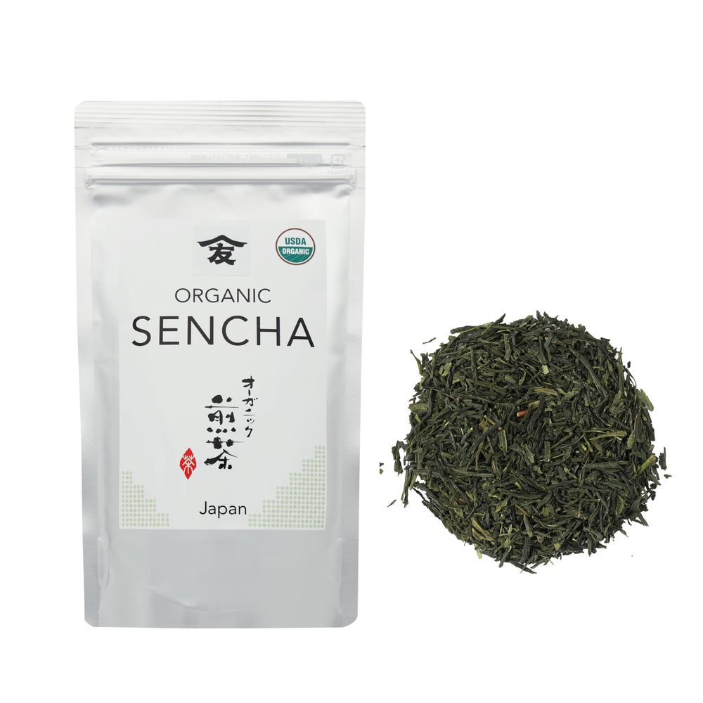 TOMOSAN front packaging of 100g organic sencha showing brand and pouch benefit