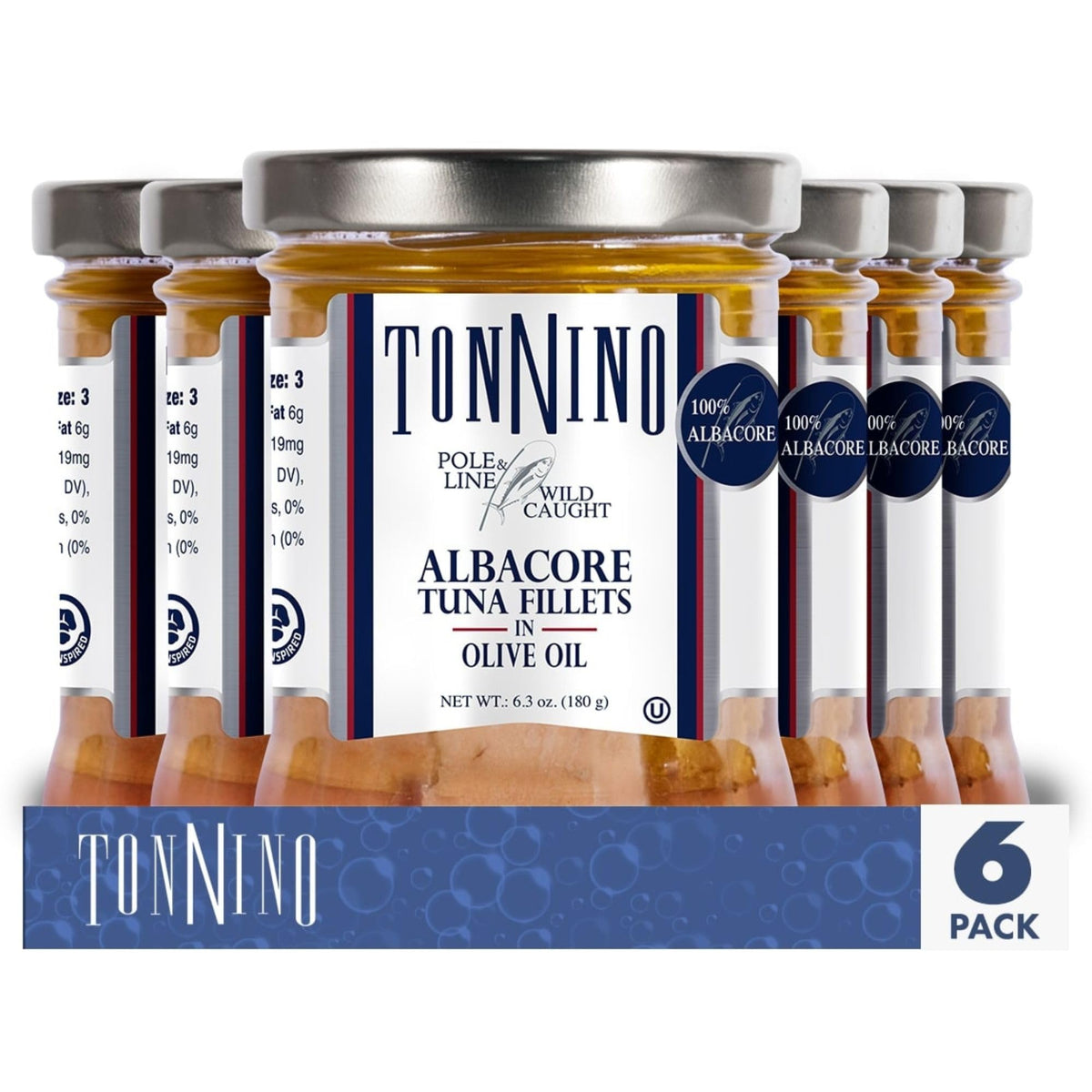 Tonnino front jar packaging showing premium glass and olive oil benefit