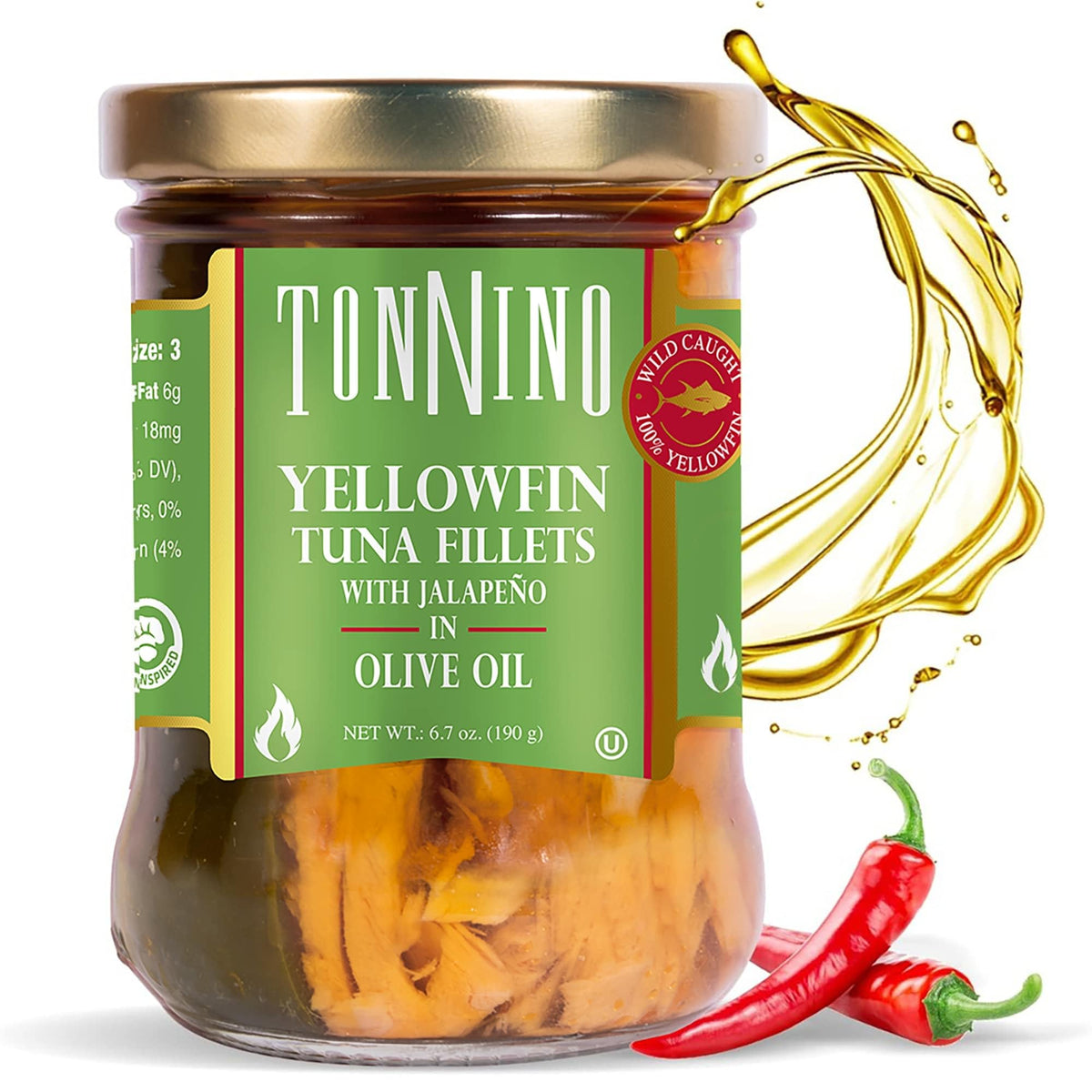 Tonnino front packaging showing jalapeño tuna fillets and glass jar convenience