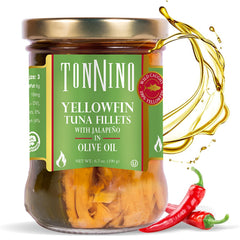 Tonnino front packaging showing jalapeño tuna fillets and glass jar convenience