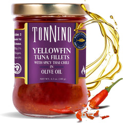 Tonnino front packaging showing spicy Thai chili tuna and benefits