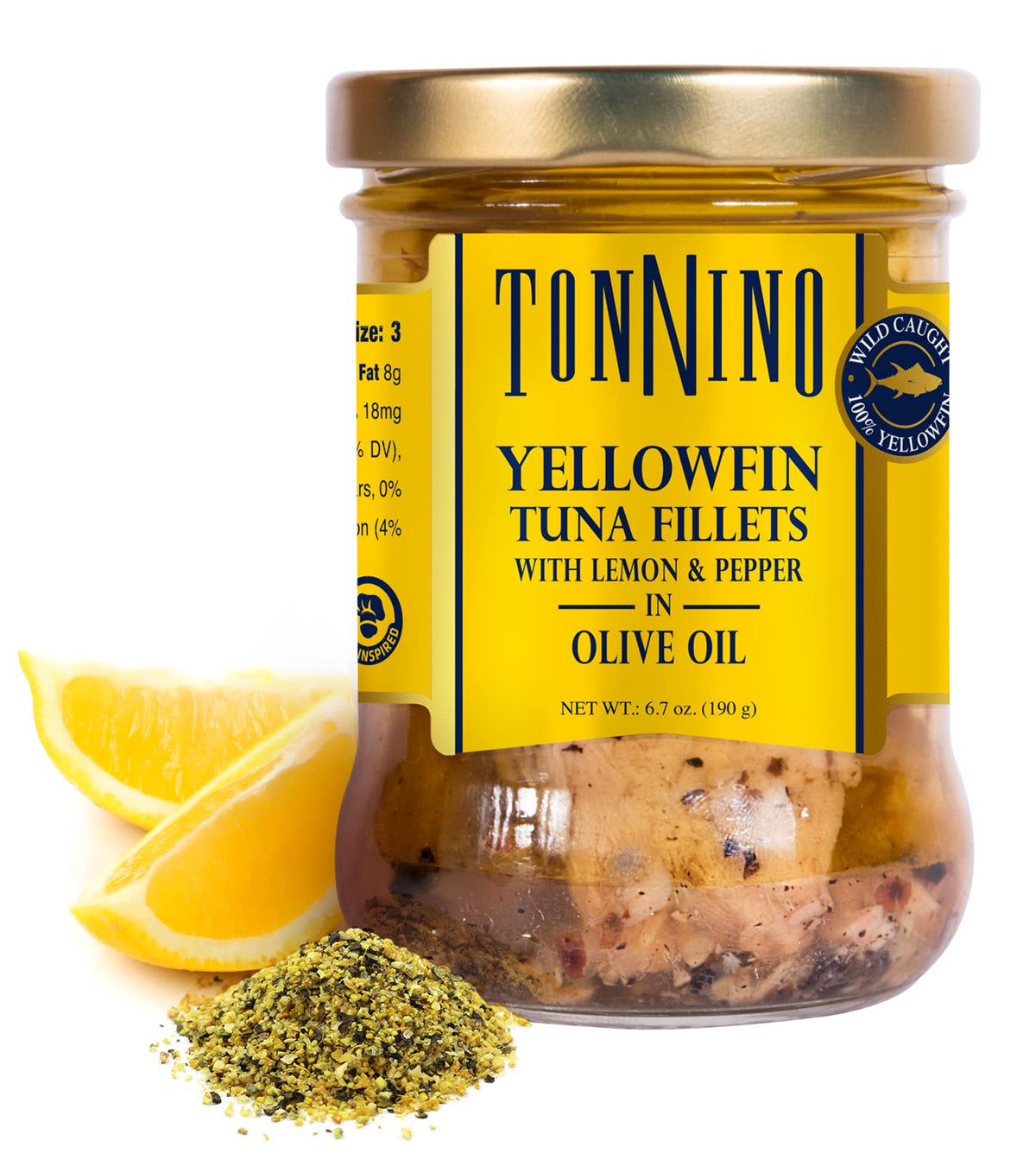 Tonnino jar front showing lemon pepper label and glass packaging benefit