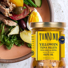 Tonnino olive oil pour highlighting glossy texture and flavor benefit