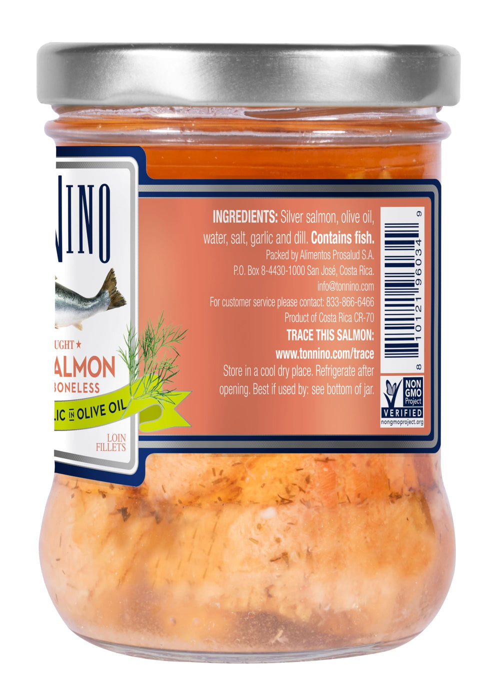 Tonnino close-up of flaky salmon texture in olive oil, highlights moistness