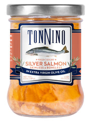 Tonnino jar front label showing wild Alaska salmon and glass packaging benefit