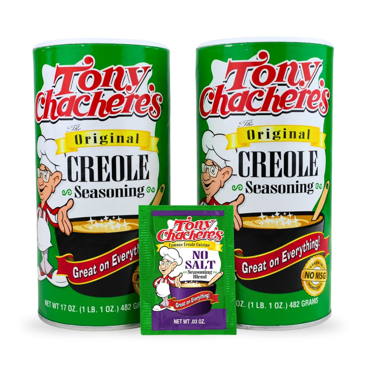 Tony Chachere's front packaging showing two canisters and packet, highlights value