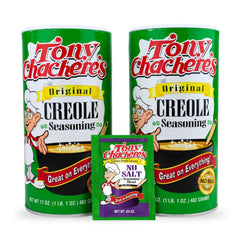 Tony Chachere's front packaging showing two canisters and packet, highlights value