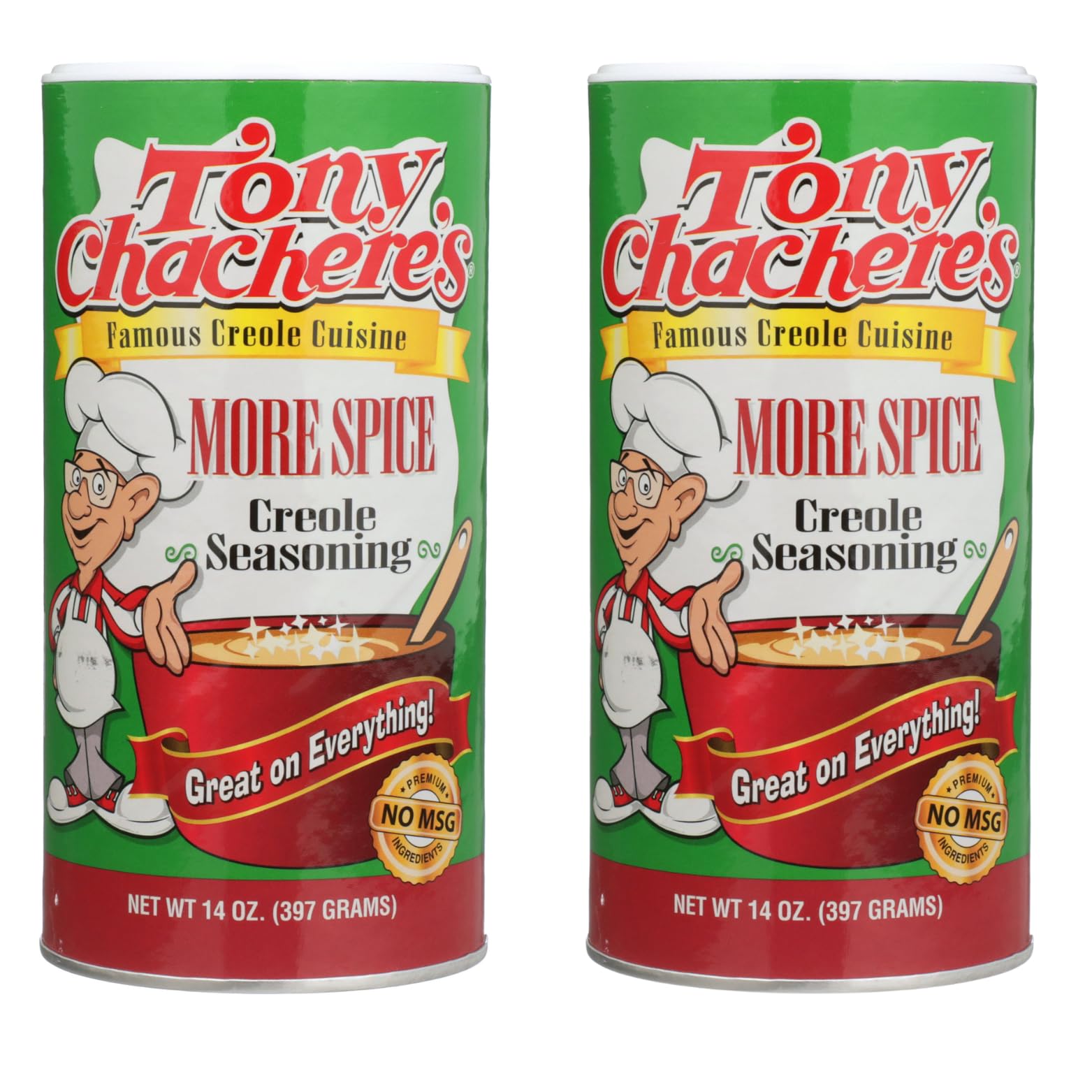 Tony Chachere's front packaging showing two 14 oz bottles and bold label benefit