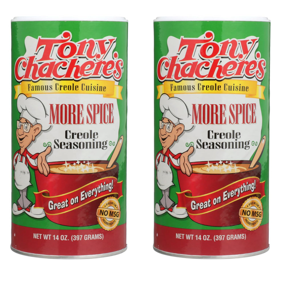 Tony Chachere's front packaging showing two 14 oz bottles and bold label benefit
