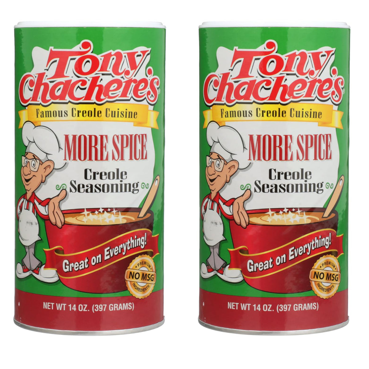 Tony Chachere's front packaging showing two 14 oz bottles and bold label benefit
