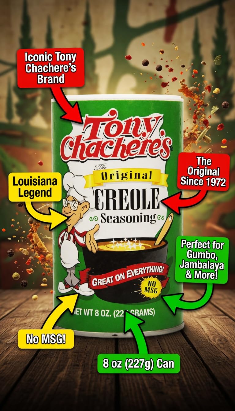 Tony Chachere's canister next to measuring spoon showing portion clarity and easy use