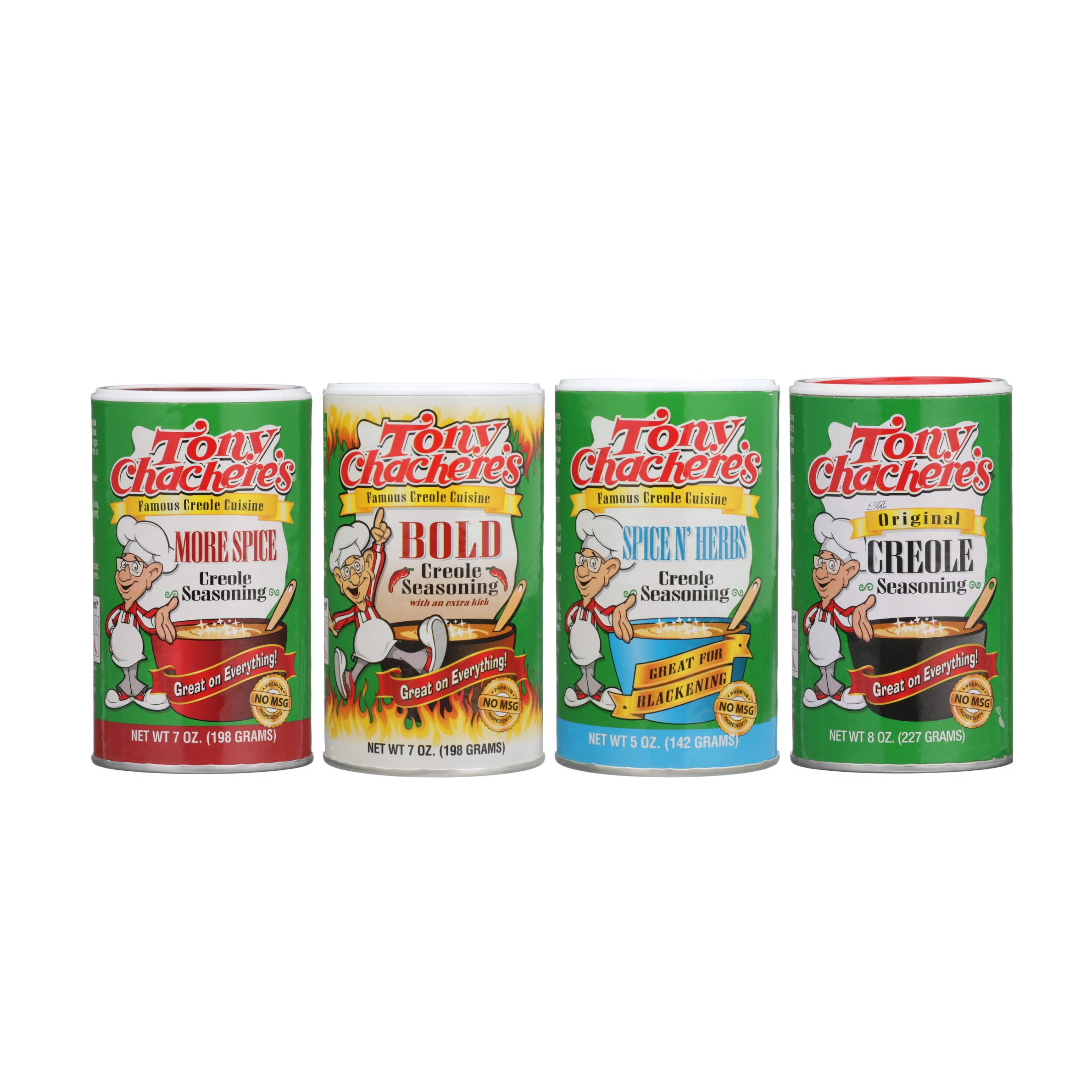 Tony Chachere's front packaging showing four seasoning containers, adds convenience