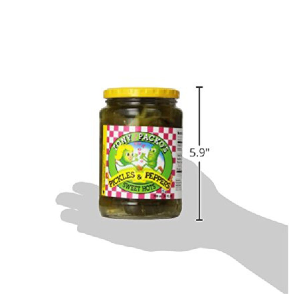 Tony Packo's pickles and peppers served on burger adding sweet-hot contrast