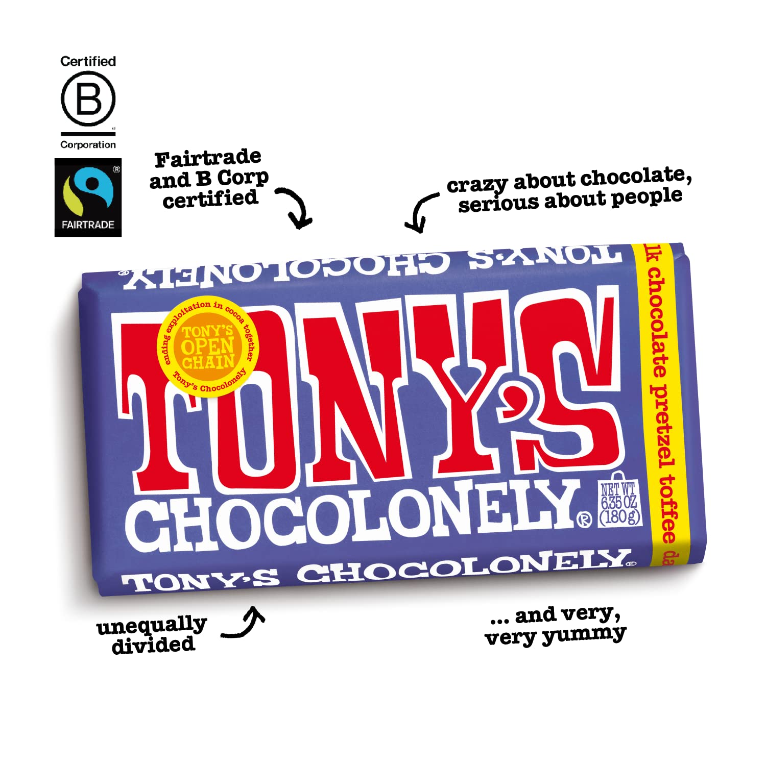 Tony's Chocolonely bar held in hand, shows scale and generous 6.35 oz portion