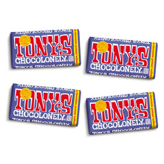 Tony's Chocolonely front packaging showing purple wrapper and product name, gift-ready appeal