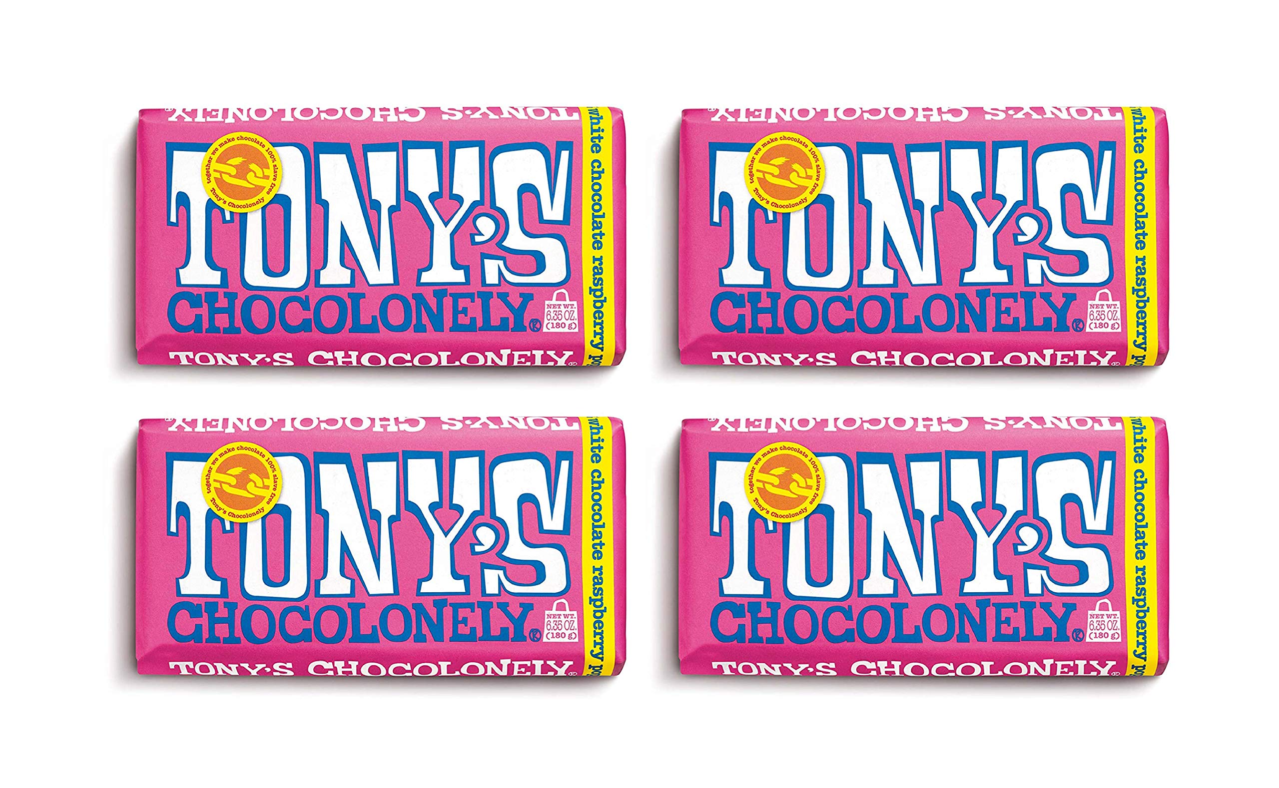 Tony's Chocolonely front packaging showing white raspberry bar and Fairtrade badge