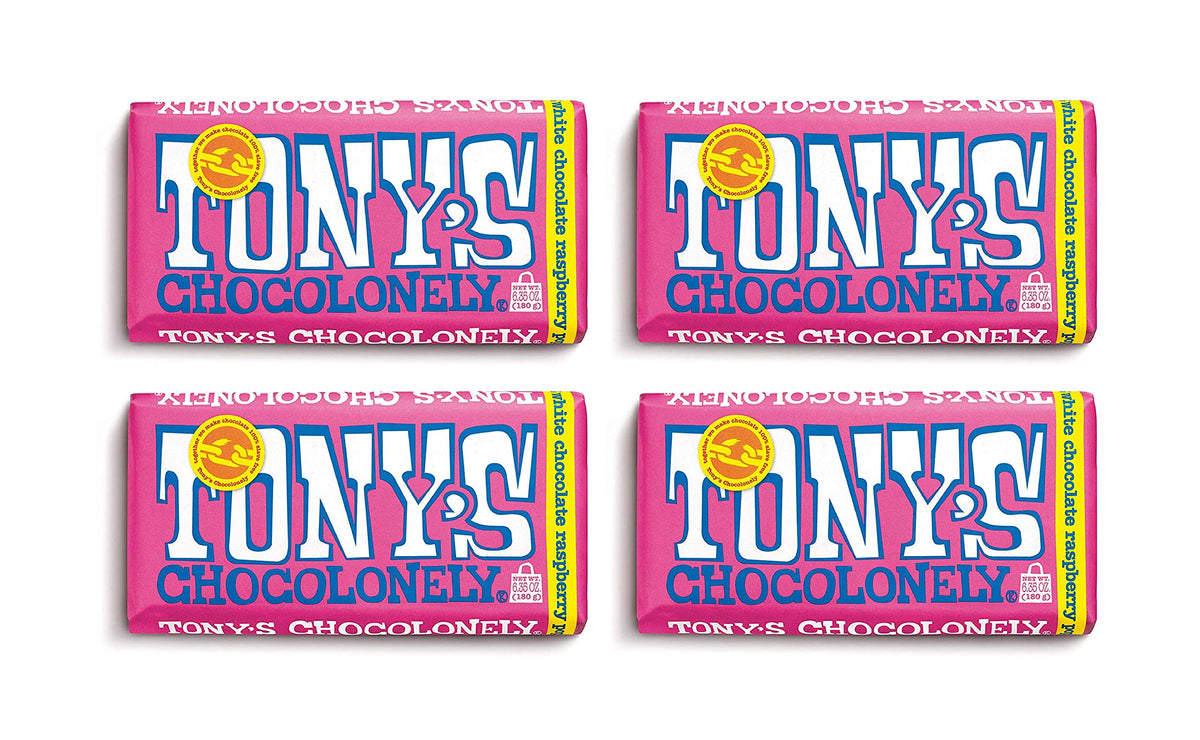 Tony's Chocolonely front packaging showing white raspberry bar and Fairtrade badge