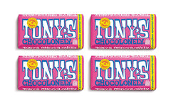 Tony's Chocolonely front packaging showing white raspberry bar and Fairtrade badge