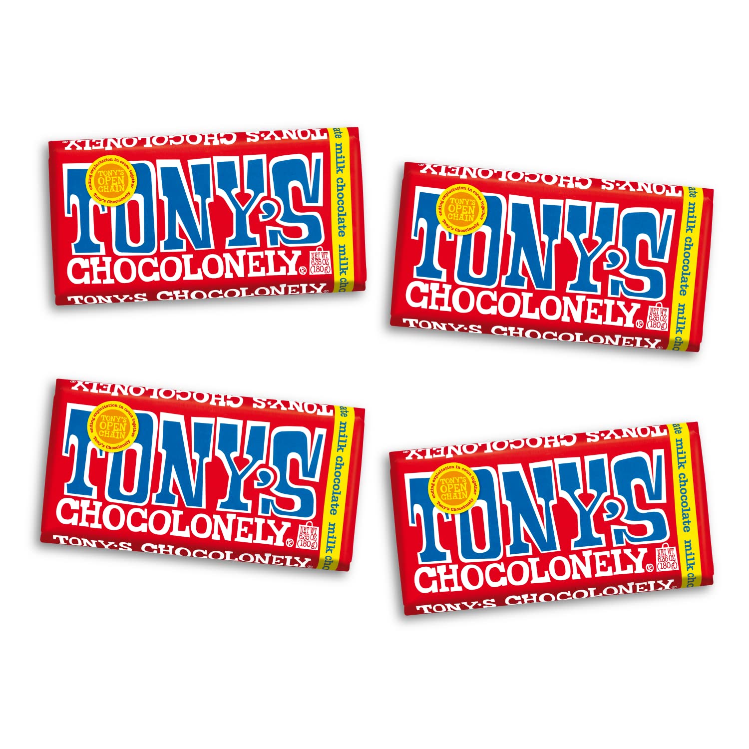 Tony's Chocolonely front packaging showing four milk-chocolate bars and Fairtrade badge