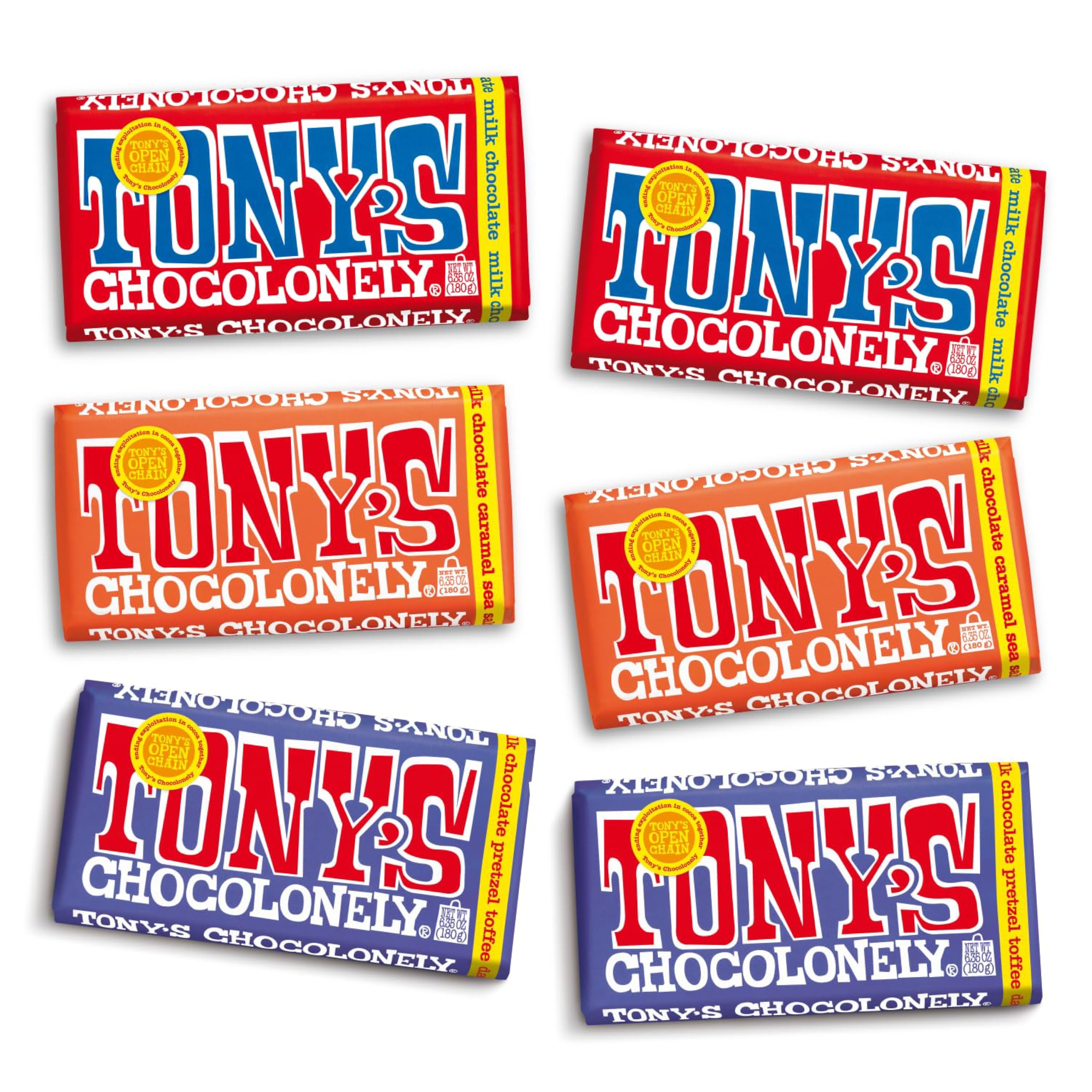 Tony's Chocolonely front packaging showing six-bar bundle and brand identity benefit