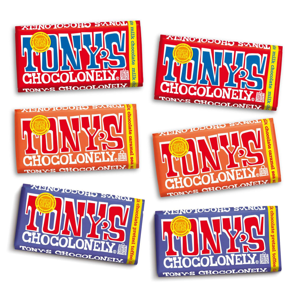 Tony's Chocolonely front packaging showing six-bar bundle and brand identity benefit