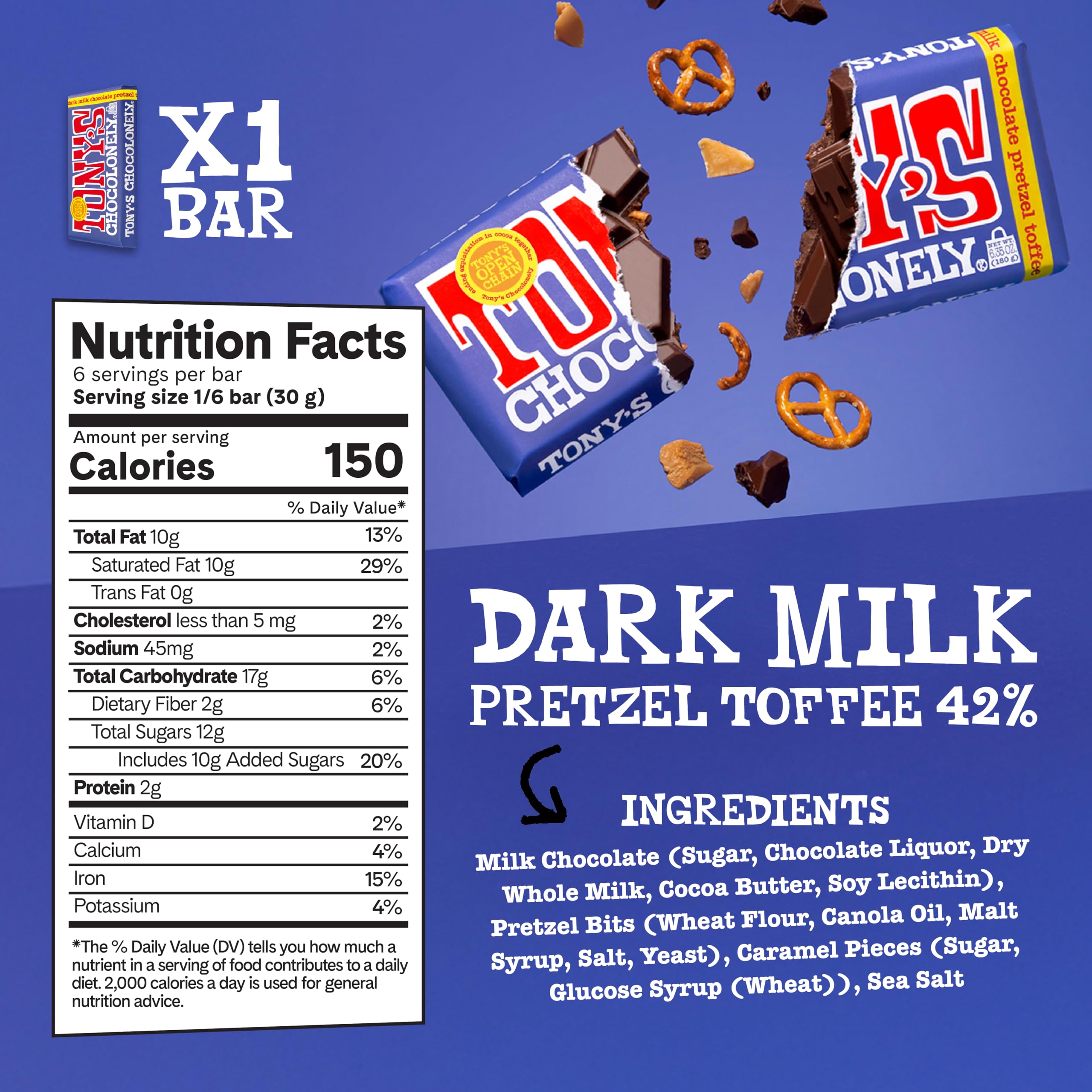 Tony's Chocolonely pretzel toffee cross-section showing crunchy, chewy balance