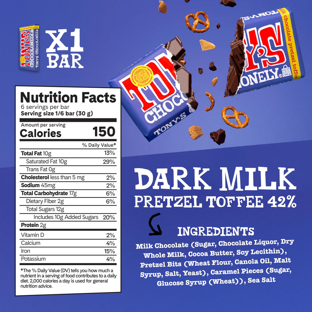Tony's Chocolonely pretzel toffee cross-section showing crunchy, chewy balance