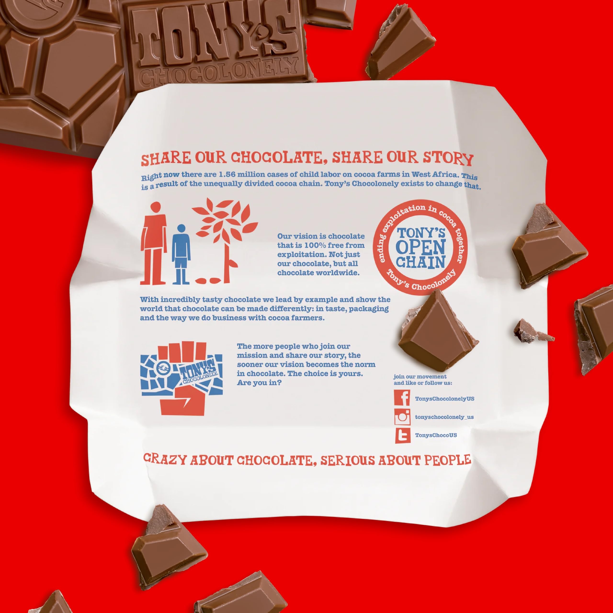 Tony's Chocolonely bar beside a hand for scale to show generous 6.35 oz size