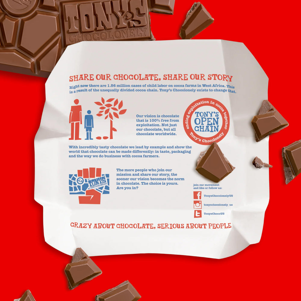 Tony's Chocolonely bar beside a hand for scale to show generous 6.35 oz size