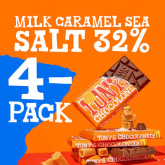 Tony's Chocolonely unwrapped bar revealing smooth chocolate and gooey caramel