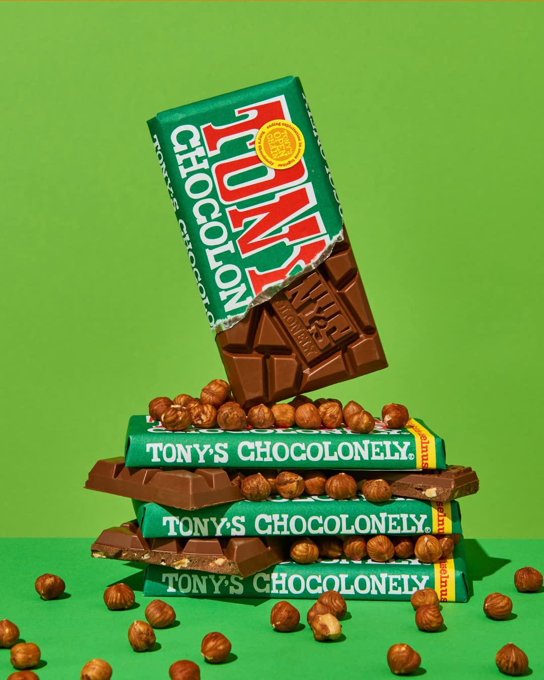 Tony's Chocolonely close-up of bar with whole hazelnuts highlighting crunchy texture