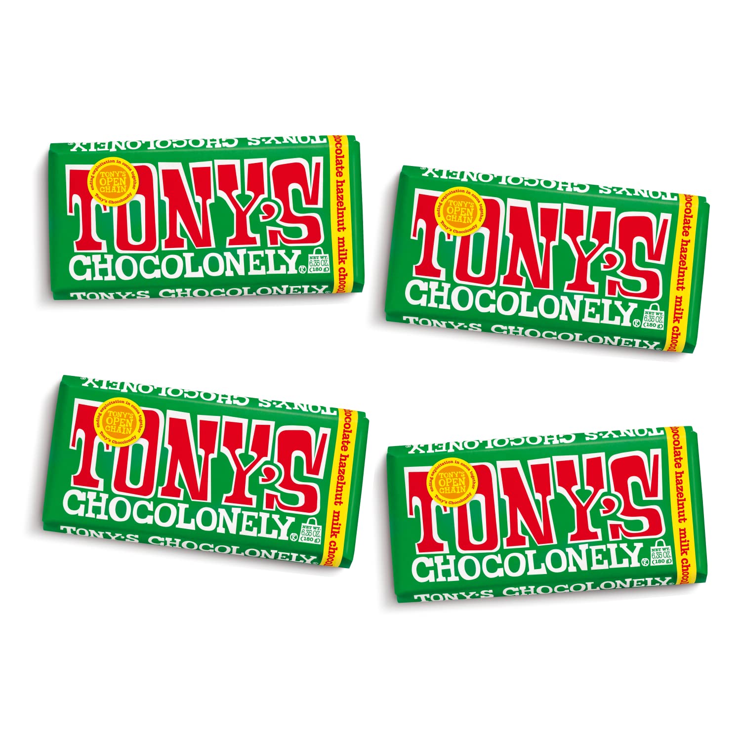 Tony's Chocolonely front packaging showing bar design and mission benefits