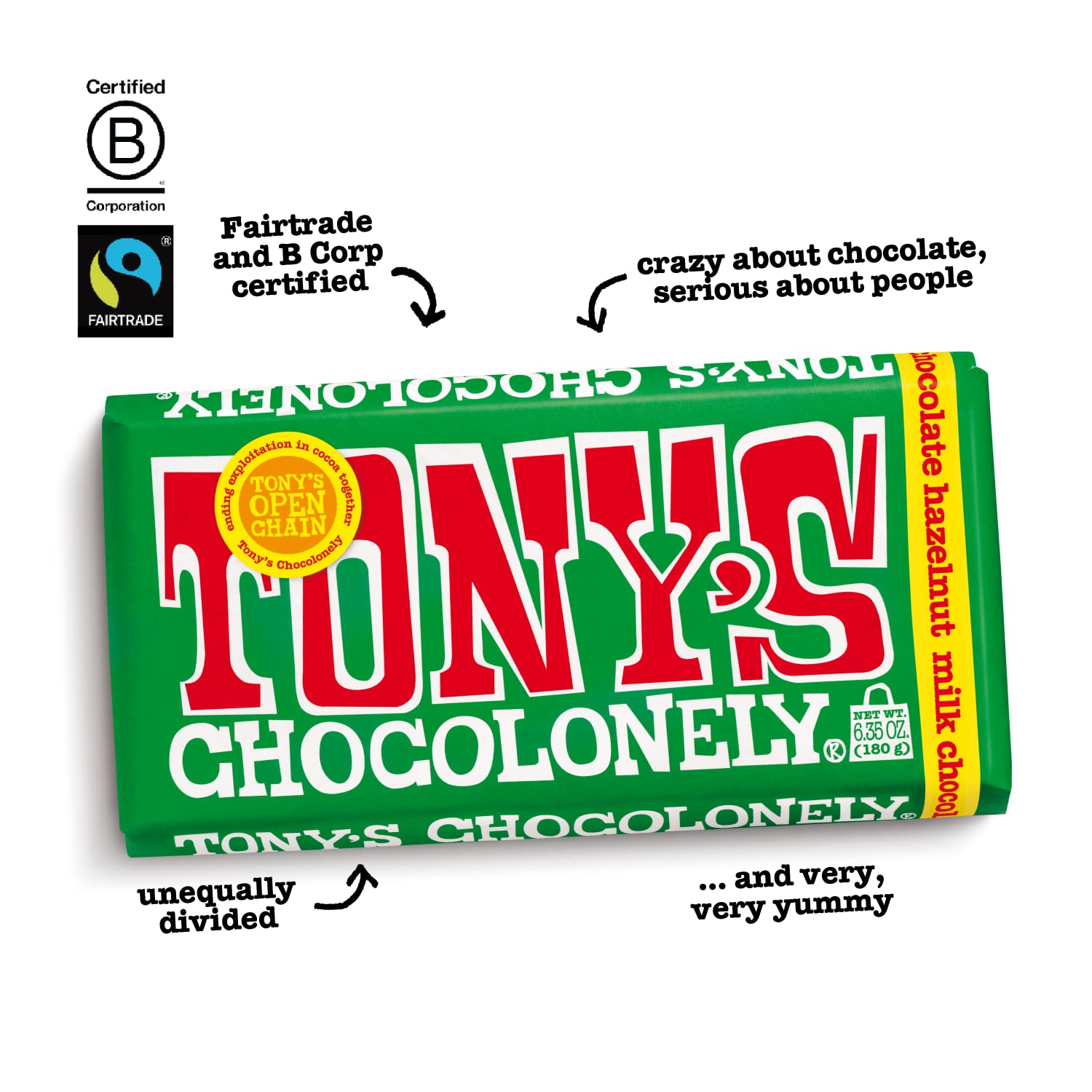 Tony's Chocolonely bar in hand showing size and easy snack portioning